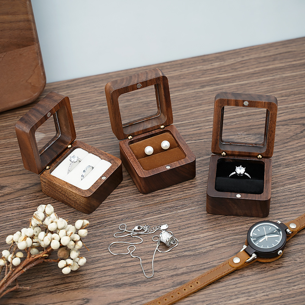 Cufflink Box Set - ブラックウォールナットソリッドリングボックスシングルダブルリングボックスイヤリングボックスカフスボックスヴィンテージ木製リングボックス絶妙なギフトボックス