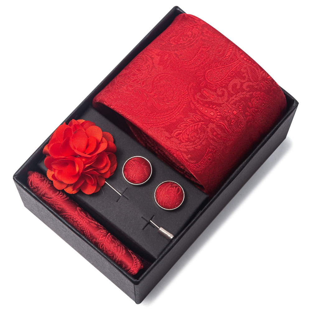 Cufflink Box Set - 卸売ギフトボックスファッション 8 センチメートル赤ペイズリーネクタイセットメンズ Gravata ハンカチカフス結婚式のネクタイフィットフォーマルパーティー
