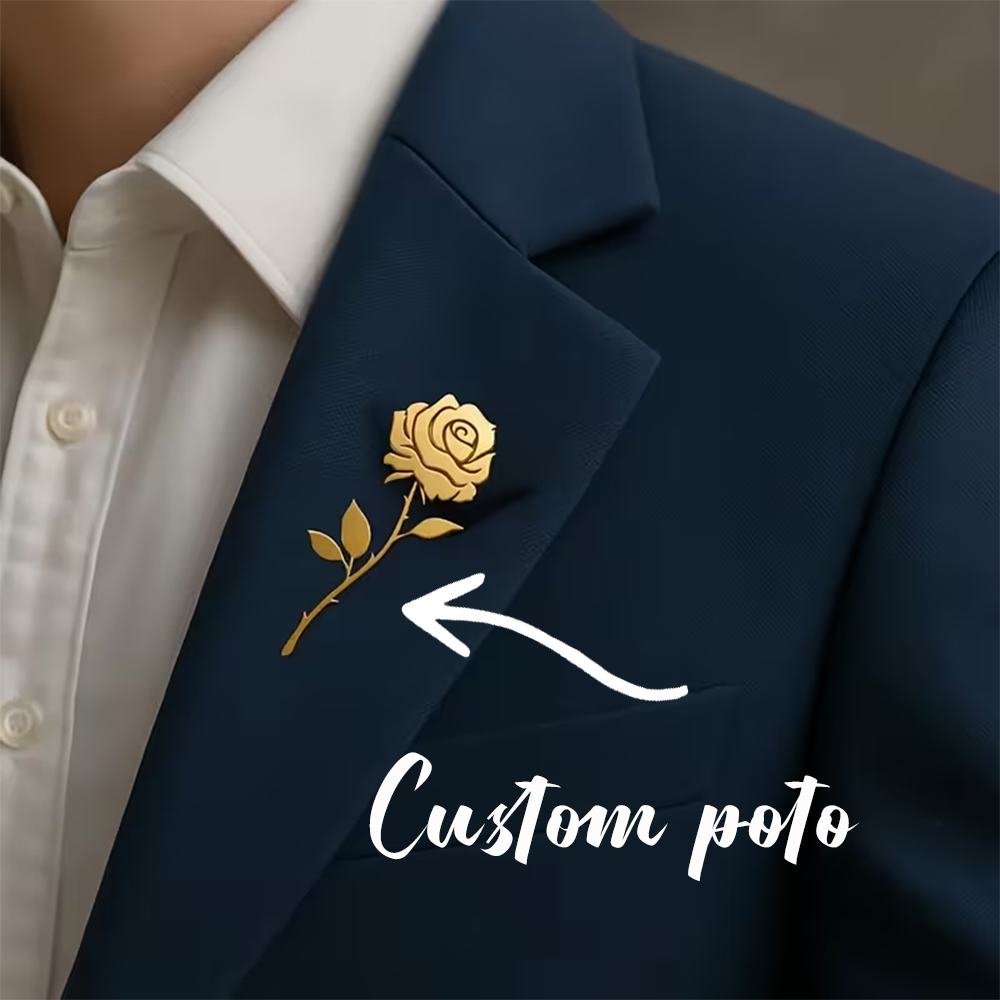 Men Accessories Photos - 男性用カスタムローズフラワーブローチ ステンレス製 パーソナライズフォトバッジ 結婚式 パーティー ビジネススーツ