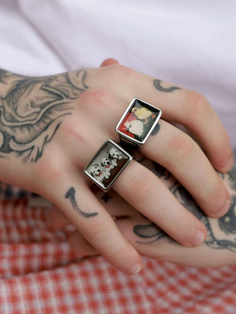 銅合金ダルメシアン子犬プリントシグネットリングジュエリーアク - Men Accessories Photos のレビューと価格